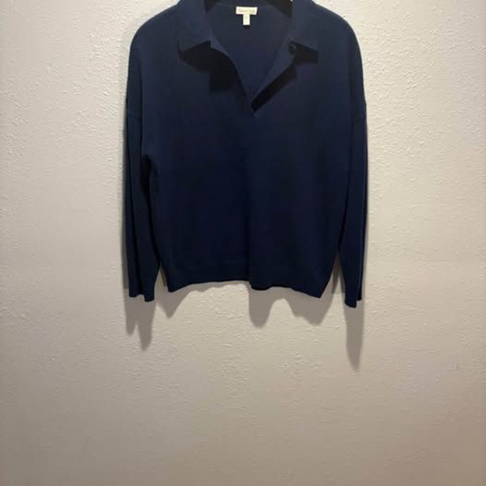 Garnet Hill Essential Navy Blue Cashmere Polo Knit Sweater - Size Large